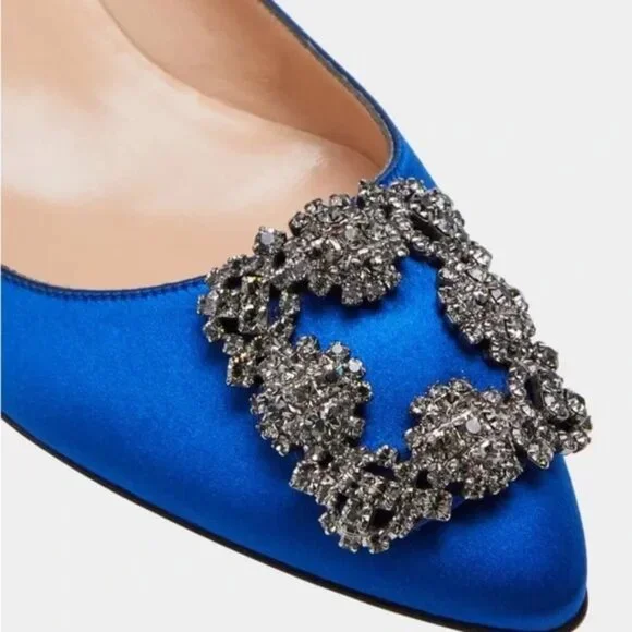 MANOLO BLAHNIK | Hangisi Crystal-Buckle Satin Flat 38.5 8.5 BLUE - Picture 2 of 16